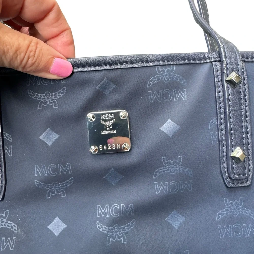 MCM Monogram Dieter Nylon Medium Shopper Tote Navy Blue EUC